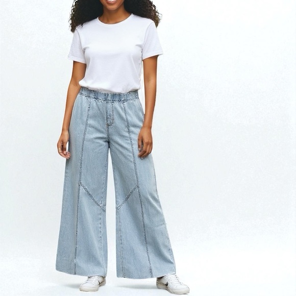 Free People | We The Free Wide Leg Pull On Light Blue Chambray Pants Medium - Picture 1 of 10